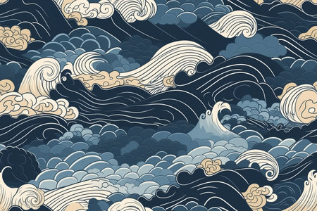 A vintage style japanese crashing wave background. Seamless pattern. Generative aiの素材