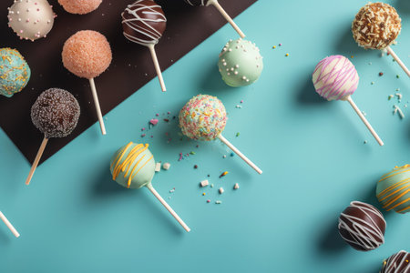 Overhead flat lay of cake pop baked treats for a party celebration. Generative aiの素材