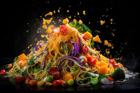 An explosion of fresh noodles and vegetables stir fry healthy food. Generative aiの素材