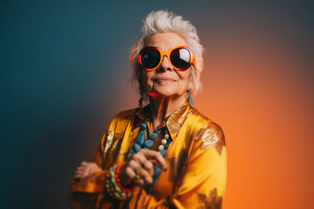 Portrait of a cool trendy old woman wearing fashionable clothes and sunglasses. Generative aiの素材