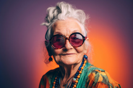 Portrait of a cool trendy old woman wearing fashionable clothes and sunglasses. Generative aiの素材