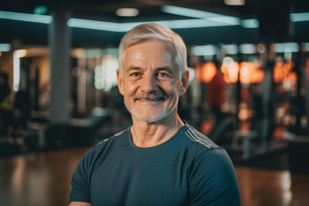 Portrait of a senior male with grey hair stood in a gym. Generative aiの素材