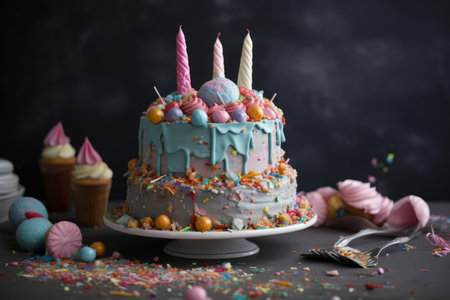 Brightly coloured birthday cake with frosting and iced decorations on a cake stand. Generative aiの素材