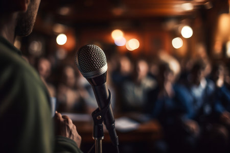 A microphone in front of a conference seminar audience. Generative aiの素材