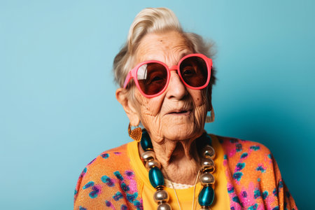 Portrait of a cool trendy old woman wearing fashionable clothes and sunglasses. Generative aiの素材