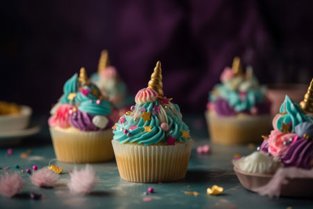 cute unicorn theme birthday party cupcakes. Generative aiの素材