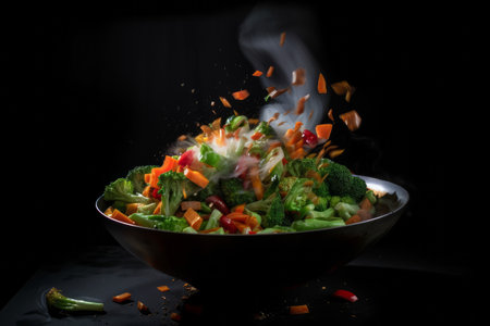 A wok cooking fresh stir fry vegetables. Generative aiの素材