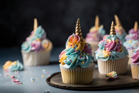 cute unicorn theme birthday party cupcakes. Generative aiの素材
