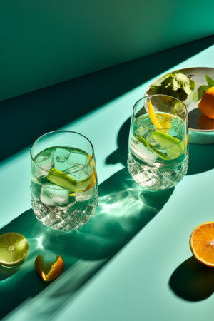 Overhead shot of a refreshing gin and tonic drink with sunlight and shadows. Generative aiの素材