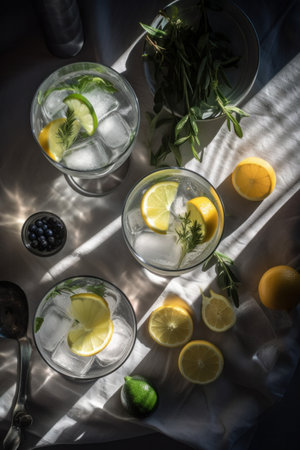 Overhead shot of a refreshing gin and tonic drink with sunlight and shadows. Generative aiの素材