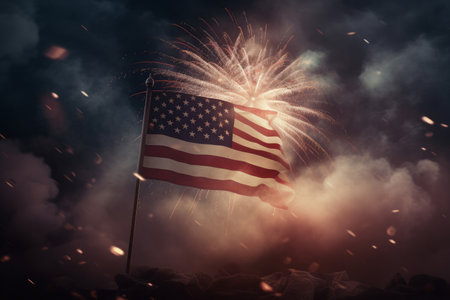 American stars and stripes flag with fireworks background. Generative aiの素材