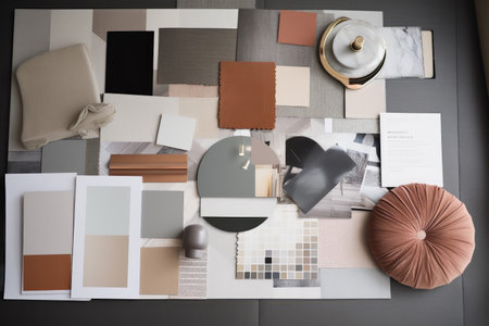 Interior design mood board with fabric and paint swatches. Generative aiの素材