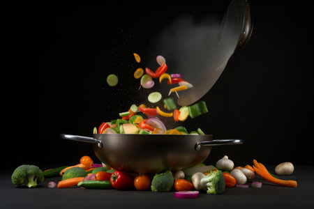 A wok cooking fresh stir fry vegetables. Generative aiの素材