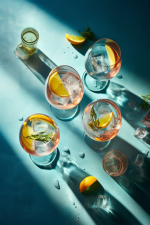 Overhead shot of a refreshing gin and tonic drink with sunlight and shadows. Generative aiの素材