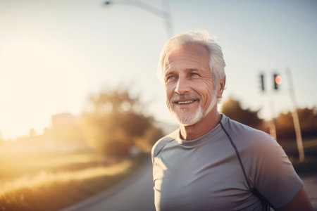 Portrait of a grey haired older man exercising outdoors. Generative aiの素材