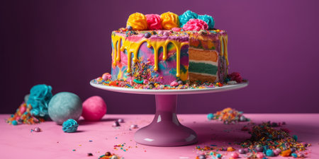 Brightly coloured birthday cake with frosting and iced decorations on a cake stand. Generative aiの素材