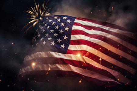 American stars and stripes flag with fireworks background. Generative aiの素材