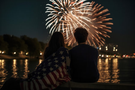 a young couple sit together to watch celebration fireworks in America. Generative aiの素材