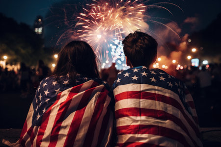 a young couple sit together to watch celebration fireworks in America. Generative aiの素材