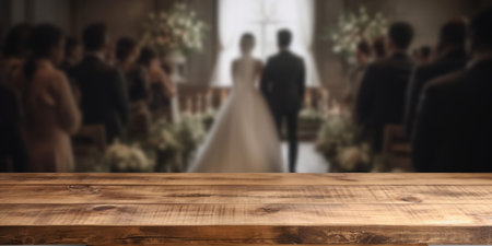 Empty wooden counter table top for product display with a wedding scene background. Generative aiの素材
