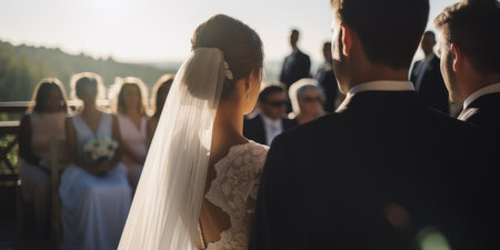 View from behind of a beautiful bride and groom on their wedding day. Generative aiの素材