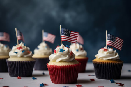 Cup cakes decorated in red white and blue for 4th July celebration. Generative aiの素材