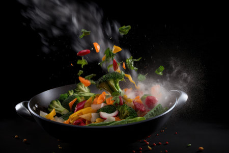 A wok cooking fresh stir fry vegetables. Generative aiの素材