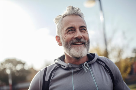 Portrait of a grey haired older man exercising outdoors. Generative aiの素材