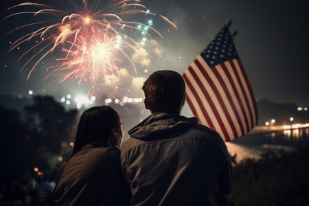 a young couple sit together to watch celebration fireworks in America. Generative aiの素材