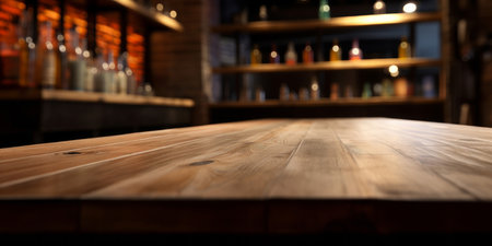 An empty wooden counter table top for product display in a pub or bar. Generative aiの素材