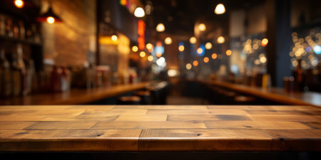 An empty wooden counter table top for product display in a pub or bar. Generative aiの素材