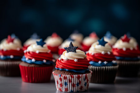 Cup cakes decorated in red white and blue for 4th July celebration. Generative aiの素材
