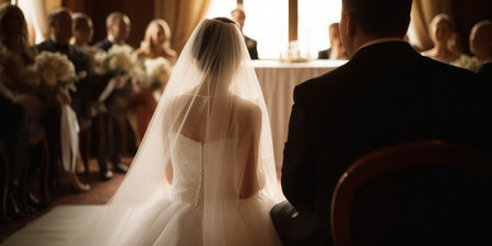 View from behind of a beautiful bride and groom on their wedding day. Generative aiの素材