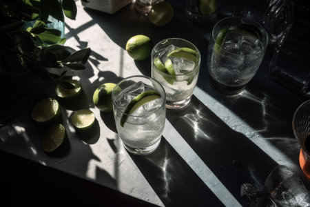 Overhead shot of a refreshing gin and tonic drink with sunlight and shadows. Generative aiの素材
