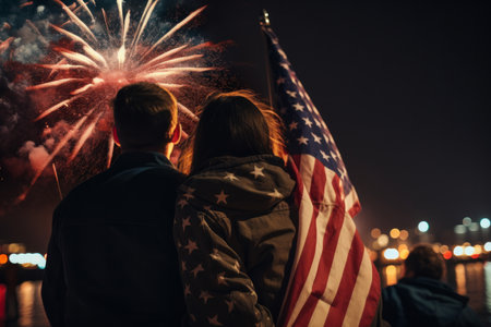 a young couple sit together to watch celebration fireworks in America. Generative aiの素材