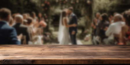 Empty wooden counter table top for product display with a wedding scene background. Generative aiの素材