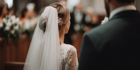 View from behind of a beautiful bride and groom on their wedding day. Generative aiの素材