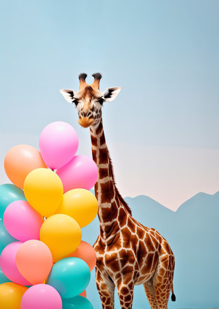 A giraffe surrounded by bright colourful party balloons. Generative aiの素材