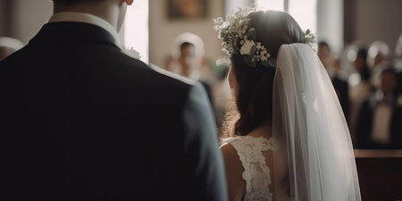 View from behind of a beautiful bride and groom on their wedding day. Generative aiの素材