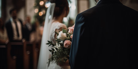View from behind of a beautiful bride and groom on their wedding day. Generative aiの素材