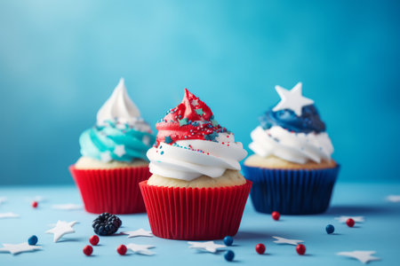 Cup cakes decorated in red white and blue for 4th July celebration. Generative aiの素材