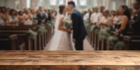 Empty wooden counter table top for product display with a wedding scene background. Generative aiの素材
