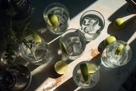 Overhead shot of a refreshing gin and tonic drink with sunlight and shadows. Generative aiの素材