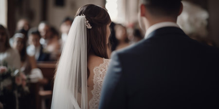 View from behind of a beautiful bride and groom on their wedding day. Generative aiの素材