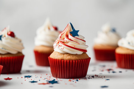 Cup cakes decorated in red white and blue for 4th July celebration. Generative aiの素材