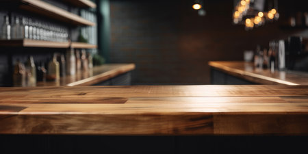 An empty wooden counter table top for product display in a pub or bar. Generative aiの素材