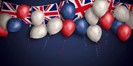 United Kingdom union jack flag bunting and party balloons. UK celebration background. Generative aiの素材