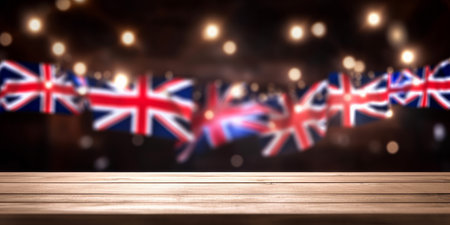 Empty wooden product display table with UK union jack party flag decorations . Generative aiの素材