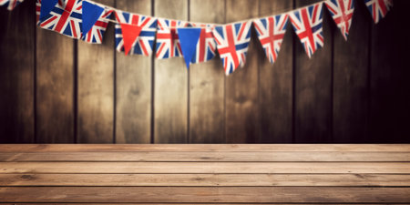 Empty wooden product display table with UK union jack party flag decorations . Generative aiの素材