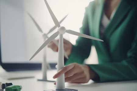 An engineer holding a model of a wind turbine. Sustainable green energy. Generative aiの素材
